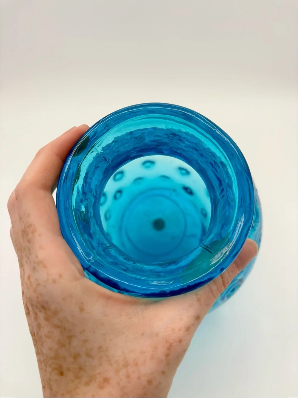 VINTAGE Mid Century Empoli Blue Hobnail Bulbous Glass Vase Italy Rounded Rare